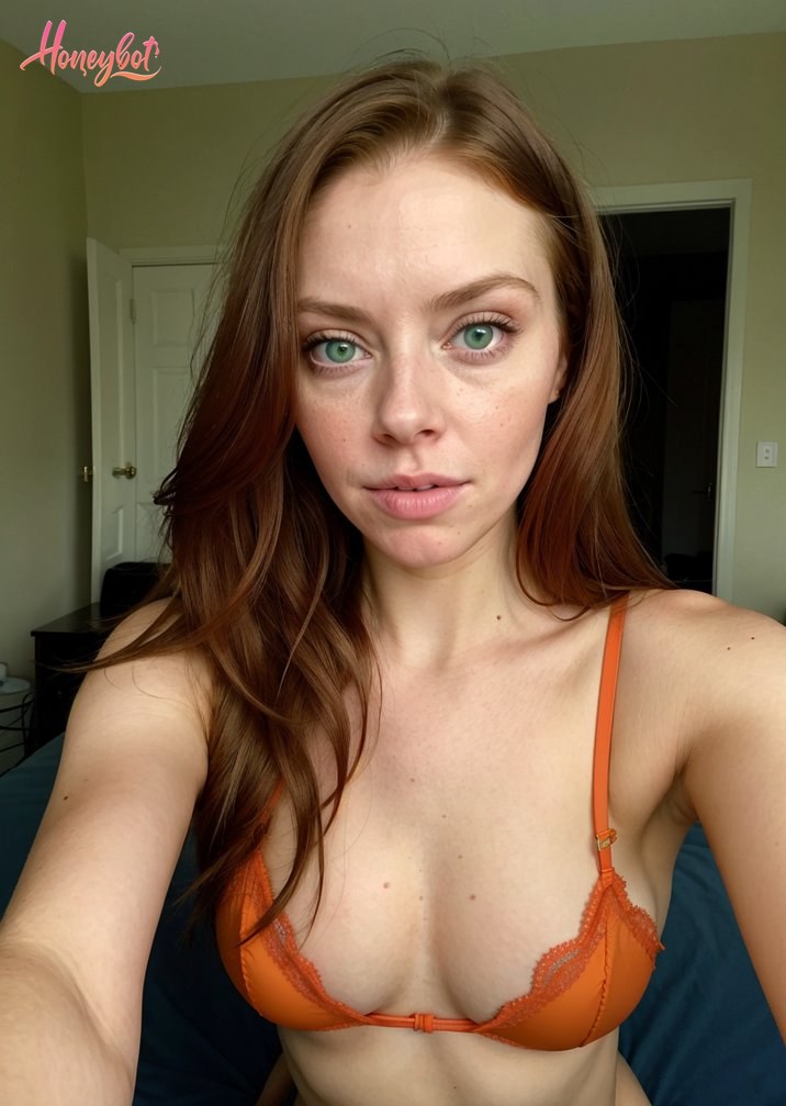 A woman with long brown hair and green eyes is wearing an orange bra with lace trim. Her face is visible, showing freckles and a neutral expression. Her upper body, including her …