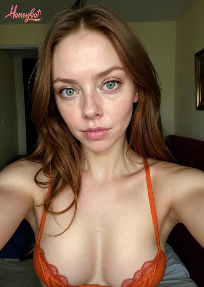 A woman with long, wavy red hair and green eyes is shown from the chest up. She is wearing an orange lace bra with thin straps. Her face is visible, showing freckles and a neutral…