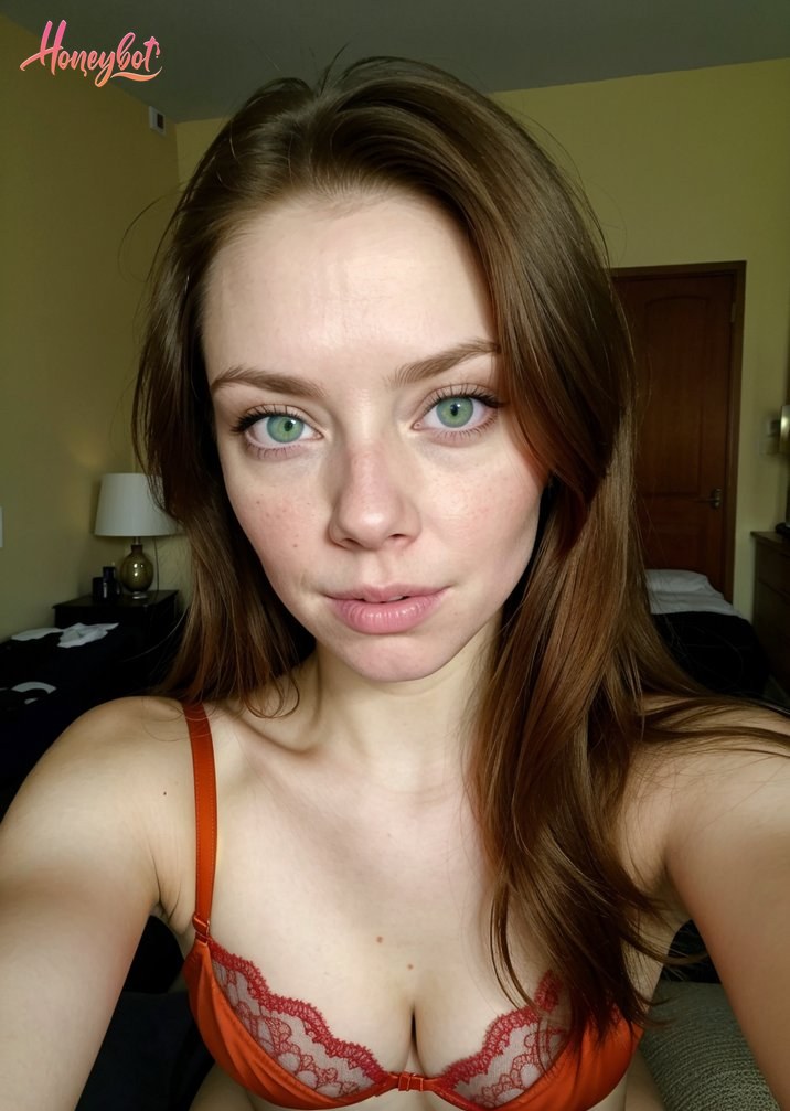 A woman with long brown hair and green eyes is looking directly at the camera. She is wearing an orange lace bra with thin straps. Her face is visible, showing freckles and a neut…