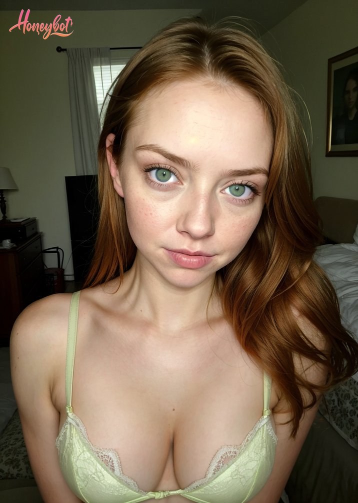 A young woman with long, wavy red hair and green eyes is shown from the chest up. She is wearing a light green lace bra with thin straps. Her face is visible, showing freckles and…