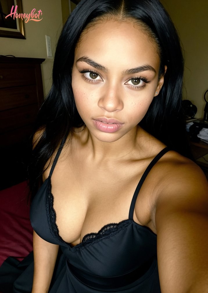 A woman with long black hair and brown eyes looks directly at the camera. She is wearing a black lingerie top with lace trim and thin straps. Her face is visible, showing makeup i…