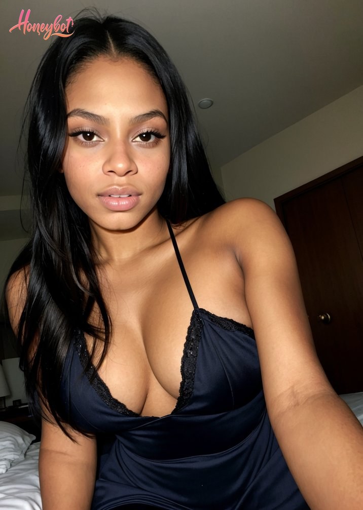 A woman with long black hair and dark eyes is looking directly at the camera. She is wearing a dark blue satin lingerie top with black lace trim and thin straps. Her face, shoulde…